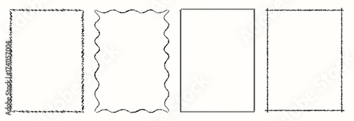 Set of abstract hand drawn rectangular frame borders with irregular wavy and zigzag sketch lines, minimalist black outline vector shapes for design decoration, graphic composition, and creative layout