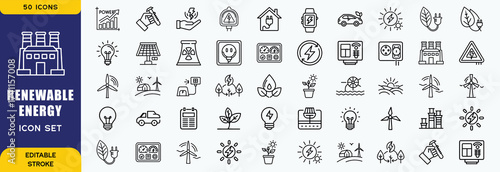 Set of outline icons related to green, renewable energy, alternative sources energy. Eco icon collection. Editable stroke. Vector illustration