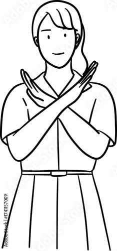 Outline drawing illustration of freshy student in uniform crossing arms as no