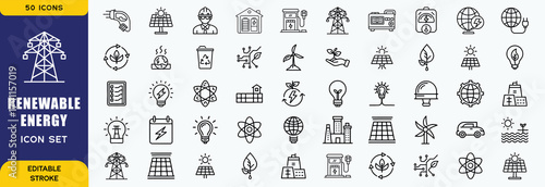 Set of outline icons related to green, renewable energy, alternative sources energy. Eco icon collection. Editable stroke. Vector illustration