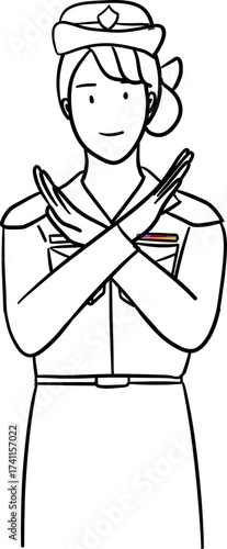 Outline drawing illustration of police officer crossing arms as no