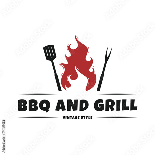 bbq and grill logo design vintage style with fork and spatula icon