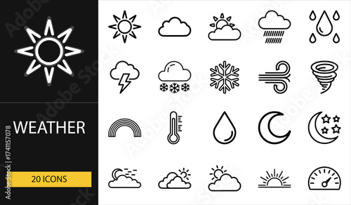 Thin line weather icons set of 20 vector symbols including sun, cloud, rain, snow, wind, storm, moon, and climate condition design