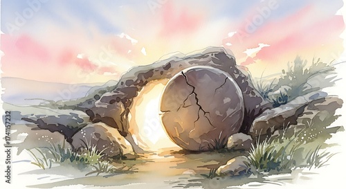 Resurrection of Jesus Digital Watercolor: Empty Tomb, Life of Christ, Easter, Holy Week, Miracle, and Salvation. Christian Biblical Religious Art.

