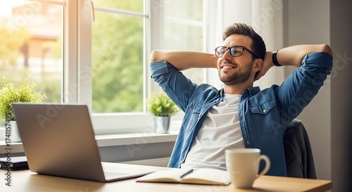Young man taking a break from work at his home office
