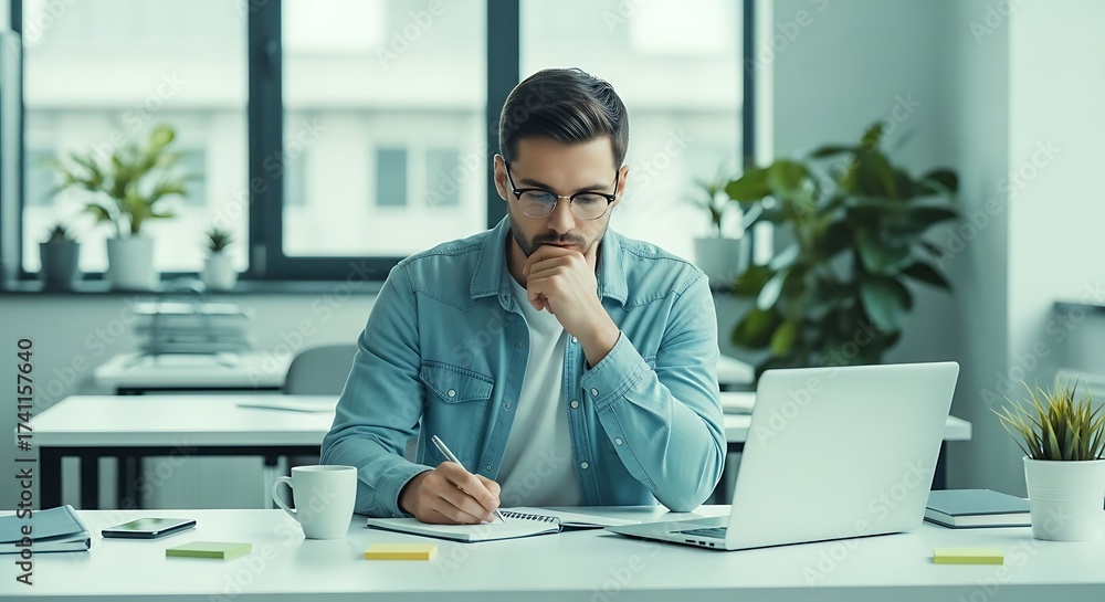 Naklejka premium Young man working from home office thoughtfully writing and using laptop