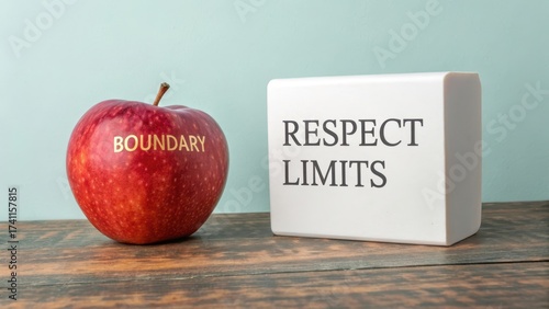 Red Apple with Boundary Sign and Respect Limits Block on Table