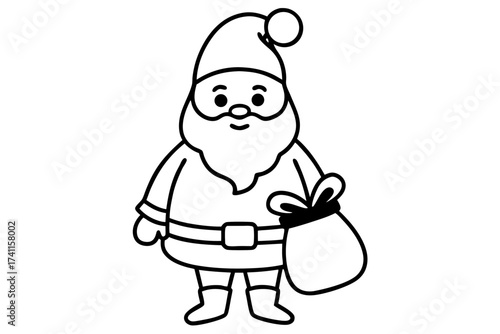 line art Cute Santa Claus character with gift bag, cartoon style, isolated on white background