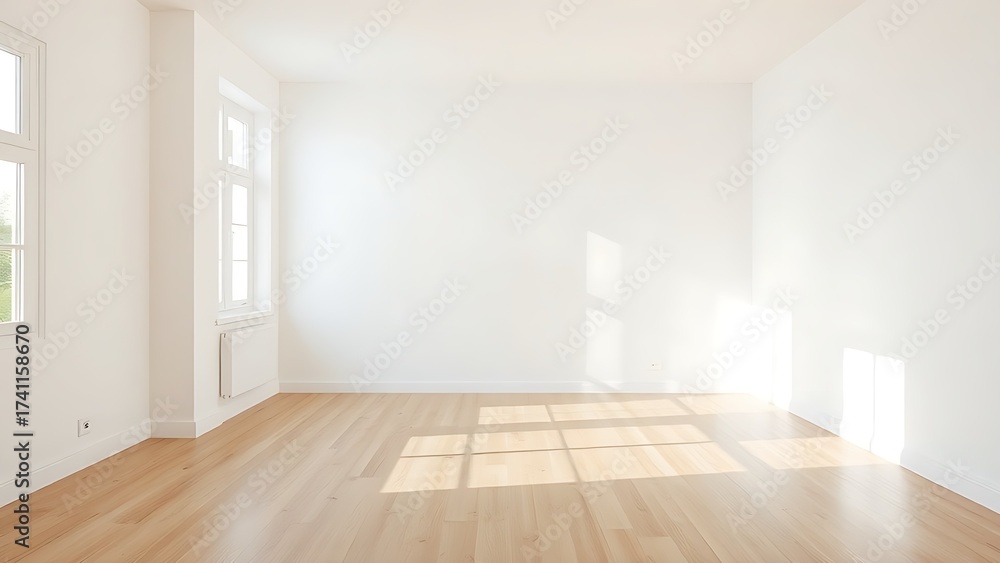 Fototapeta premium Minimalist living room with white walls and wooden flooring in natural diffused light.
