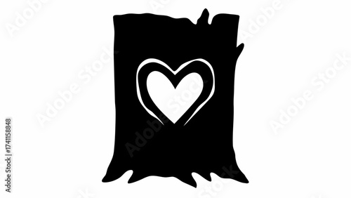 Black tree stump silhouette with a carved heart shape in the center on a white background image view