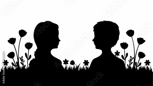 Silhouette of a girl and boy facing each other amidst flowers and grass in a black and white illustration