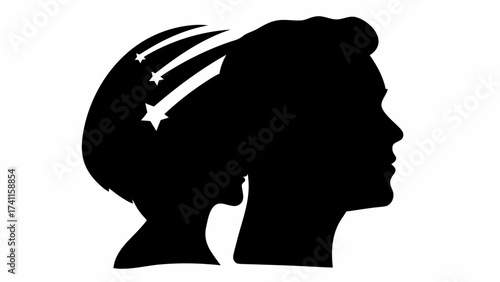 Silhouette of two heads one with stars and lines suggesting movement or aspiration in black and white