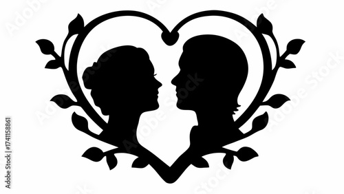 Silhouette of a couple facing each other inside a heart shaped frame decorated with leaves and vines