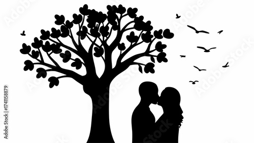 Silhouette of a couple kissing under a tree with birds flying in the background in black and white art