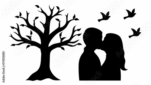 Silhouette of a tree with leaves couple kissing and birds flying in the sky in black and white drawing