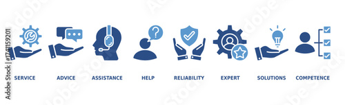 Support banner web icon vector illustration concept with icon of service, advice, assistance, help, reliability, expert, solutions and competence