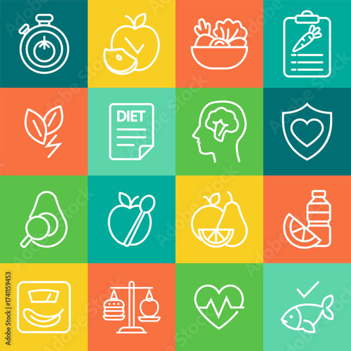 Colorful flat illustration depicting various health and wellness icons, including fruits, vegetables, and fitness elements, representing a balanced lifestyle and nutrition awareness