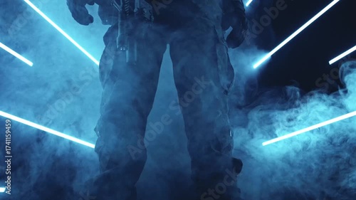 4k Dark Shot of a Young Soldier in Sci-fi Cyber Costume posing in Smoke