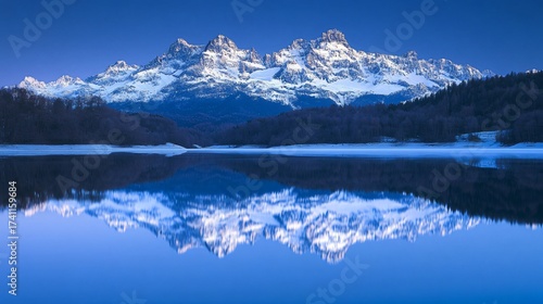 Wallpaper Mural Snow capped mountains reflected in calm blue lake at twilight Torontodigital.ca