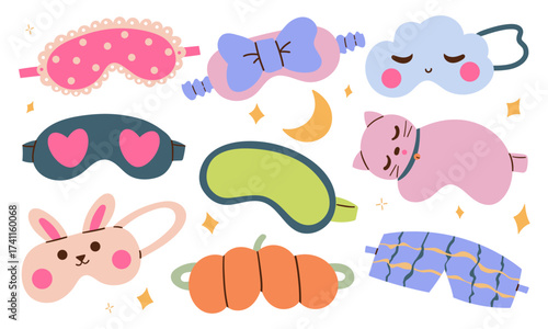 Masks for dreaming. Night mask with cute bow , sleep quotes, rabbit, cloud and cat faces. Cartoon animal mask for pajama print vector set. Nightwear elements for resting and relaxation