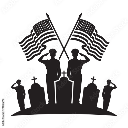 veterans day Silhouette of a soldier saluting beside a tombstone and American flag. Minimalist black-and-white memorial design symbolizing honor, patriotism, and remembrance.