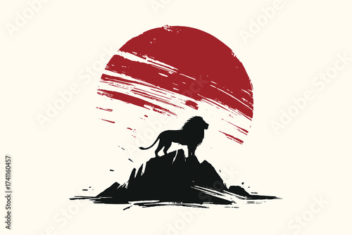 Lion silhouette with red sun brush stroke sketch vector illustration