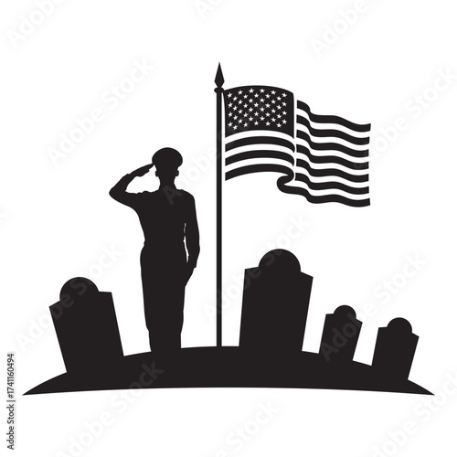 veterans day Silhouette of a soldier saluting beside a tombstone and American flag. Minimalist black-and-white memorial design symbolizing honor, patriotism, and remembrance.