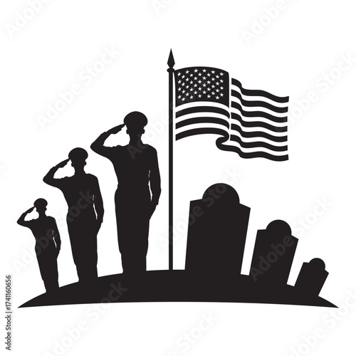 veterans day Silhouette of a soldier saluting beside a tombstone and American flag. Minimalist black-and-white memorial design symbolizing honor, patriotism, and remembrance.