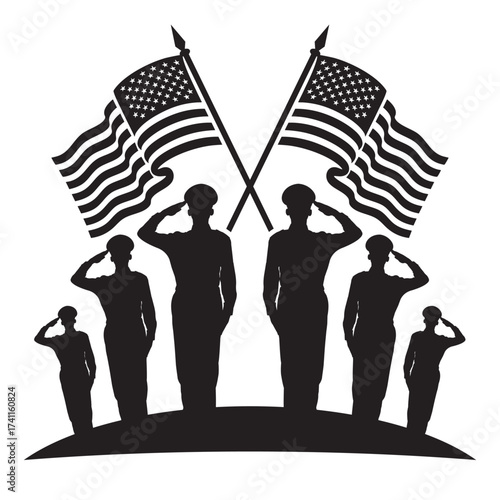 veterans day  Silhouette of a soldier saluting beside a tombstone and American flag. Minimalist black-and-white memorial design symbolizing honor, patriotism, and remembrance.