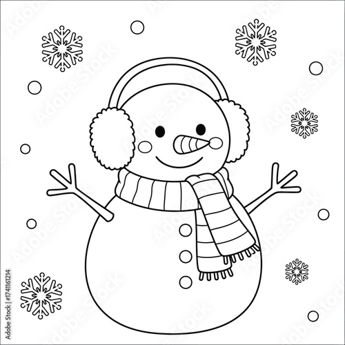 Cute Snowman Coloring Page with Earmuffs and Scarf Surrounded by Falling Snowflakes - Winter Holiday Activity for Kids and Adults