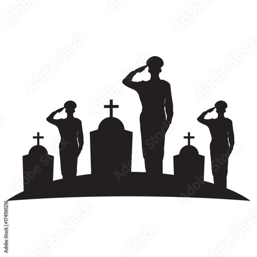 veterans day Silhouette of a soldier saluting beside a tombstone and American flag. Minimalist black-and-white memorial design symbolizing honor, patriotism, and remembrance.