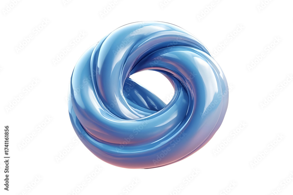 Naklejka premium Abstract 3D tangled ribbon knot, smooth pearlescent light blue fluid material with subtle pink and violet iridescent color shifts, isolated on a white background, 3D render.