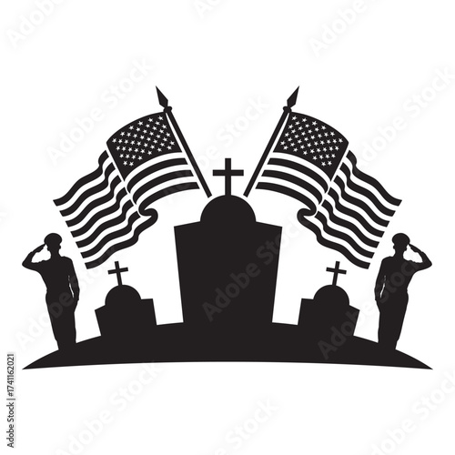 veterans day Silhouette of a soldier saluting beside a tombstone and American flag. Minimalist black-and-white memorial design symbolizing honor, patriotism, and remembrance.