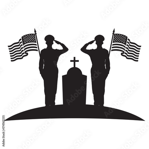 veterans day Silhouette of a soldier saluting beside a tombstone and American flag. Minimalist black-and-white memorial design symbolizing honor, patriotism, and remembrance.