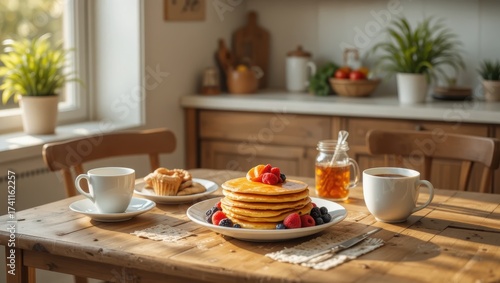 Wallpaper Mural Stack of Fluffy Pancakes Topped with Fresh Berries and Honey on a Rustic Kitchen Table Torontodigital.ca