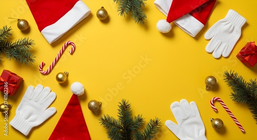 Christmas Essentials Flat Lay | Santa Hats, Candy Canes, Gifts on Yellow Background copy space