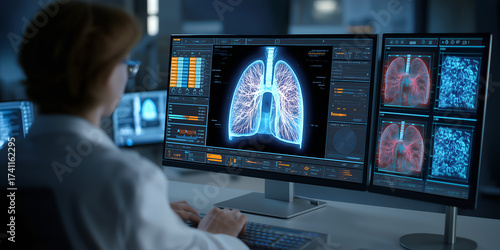 Medical specialist reviewing lung ct scans on digital display