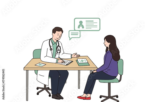 A doctor in a white coat sits at a desk, consulting with a female patient in a clinic setting.