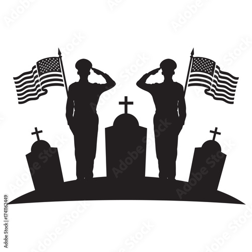 veterans day Silhouette of a soldier saluting beside a tombstone and American flag. Minimalist black-and-white memorial design symbolizing honor, patriotism, and remembrance.
