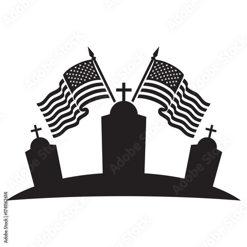 veterans day  Silhouette of a soldier saluting beside a tombstone and American flag. Minimalist black-and-white memorial design symbolizing honor, patriotism, and remembrance.