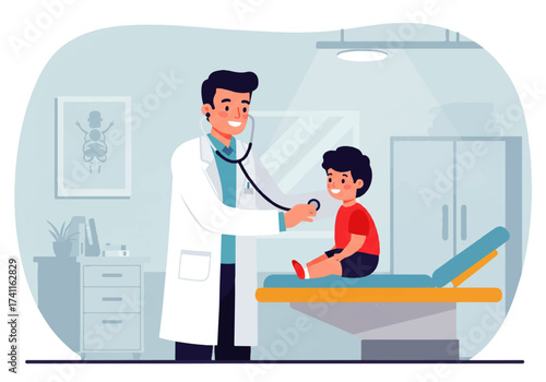 A smiling doctor in a white coat uses a stethoscope to examine a young boy sitting on an examination table in a clinic.