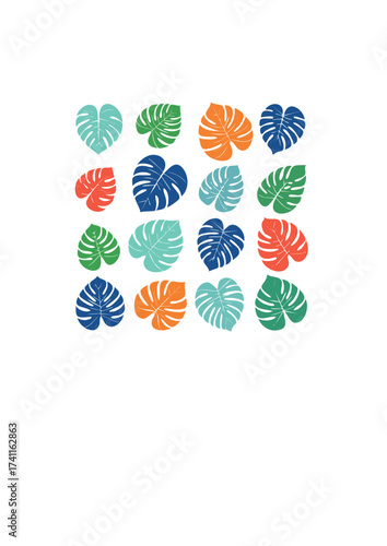 A modern grid pattern of colorful monstera leaves in vibrant summer hues. This tropical botanical vector illustration is perfect for backgrounds and print designs