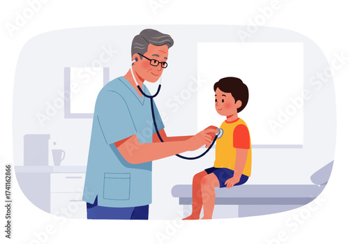 A doctor examines a young boy with a stethoscope in a bright, clean medical office. The boy sits patiently on the examination table.
