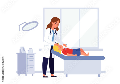 A female doctor examines a young blonde child lying on an examination table in a bright medical office.