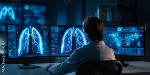 Doctor analyzing lung scans on multiple digital monitors