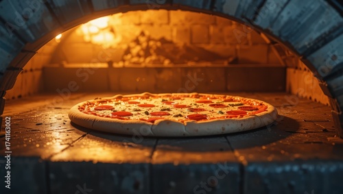 Hot Pepperoni Pizza Baking in a Traditional Brick Oven with Glowing Fire and Crisp Crust