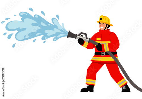 Cartoon illustration of a smiling firefighter in red uniform holding a hose and spraying a large stream of water.