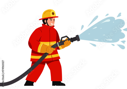 Firefighter in full gear holding a hose spraying water, with a determined expression on a white background.