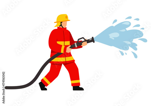 Firefighter in full gear spraying water from a hose, battling a blaze with determination.