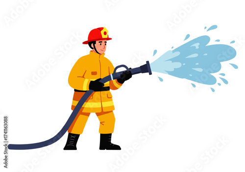 Firefighter in uniform holding a hose and spraying water on a white background.